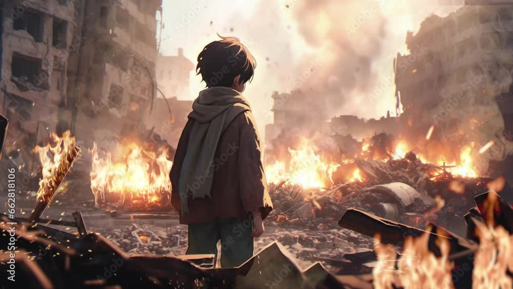 A boy in a city building destroyed by war, conflict, loop animation

