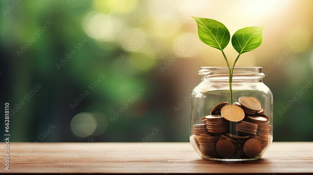 Φωτογραφία green plant growing on golden coin in glass jar on wood table in park with blur nature background