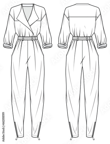 Women's Classic lapel collar jumpsuit design flat sketch fashion illustration with front and back view, long sleeve overall belted wraparound jumpsuit with slim fit leg pant drawing vector template.