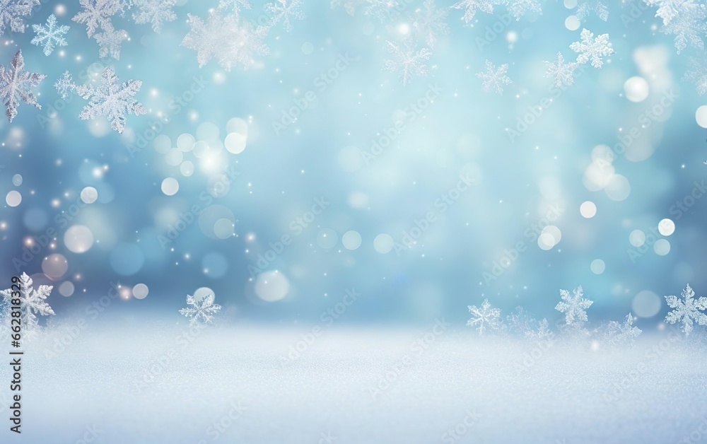 Winter morning background with blurred snowflakes and bokeh.