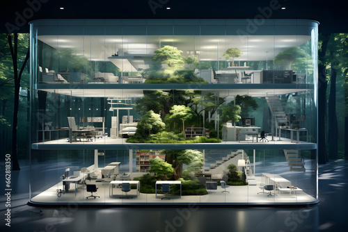 Glass office with green concept eco friendly building for sustainable future.
