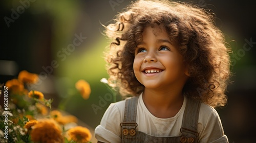 A boy with curly hair with a cheerful smile and dungarees in a flower field, in glorious sunshine