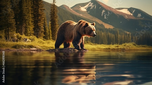 Big brown bear walking around lake in the morning light. Dangerous animal in the forest with reflection in the water. Wildlife scene from Europe.