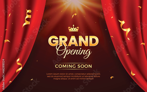 Realistic grand opening invitation banner with red curtains, golden elements and 3d editable text effect