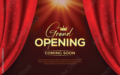 Realistic grand opening invitation banner with red curtains, golden elements and 3d editable text effect