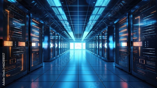 Shot of Corridor in Working Data Center Full of Rack Servers and Supercomputers.