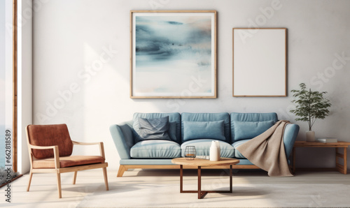 Blue sofa and terra cotta lounge chair against wall with two art posters © Vodkaz