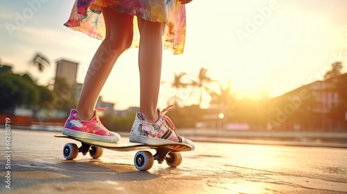 Close-up Asian women surf skate or skateboard outdoors on beautiful morning. Happy young women play surf skate at ramp park on morning time. Close up Asian women leg wear sneaker play surf skate