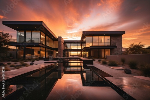 Contemporary mansion at sunset. Generative AI © Beatriz