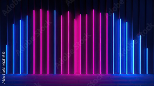 3d render  abstract minimal neon background with glowing lines. Dark wall illuminated with modern luminescent lamps. Blue pink wallpaper