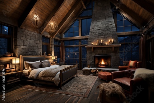 Create a cozy and rustic cabin interior for a mountain retreat