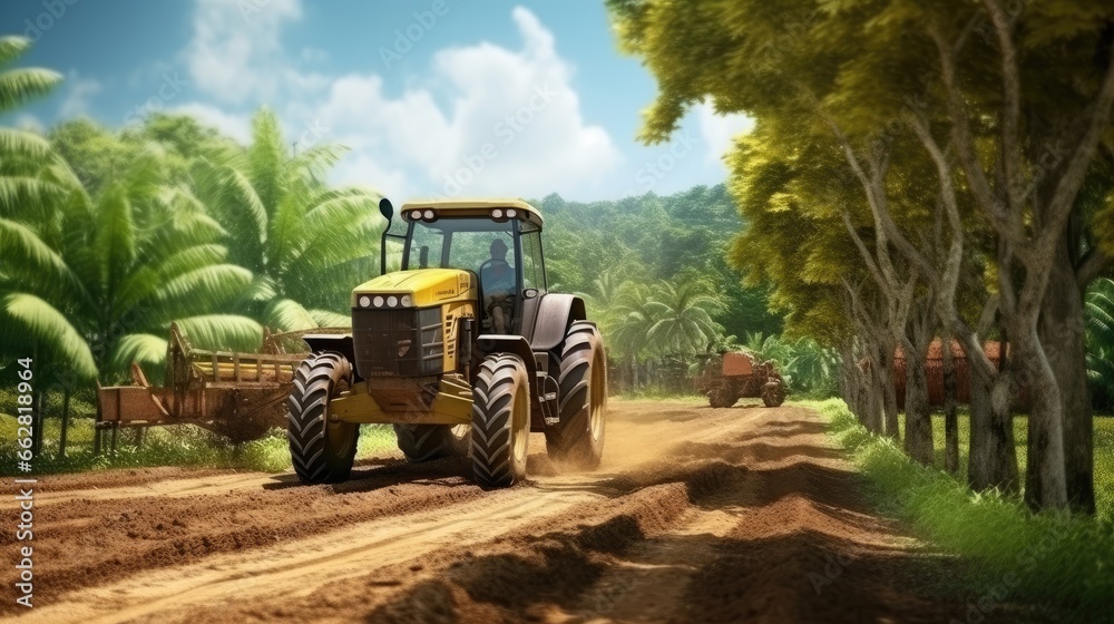 Pushcart or tractor truck is rotary tillers for excavator in the farm for gardening with sunlight and tree background at the plantation agriculture. Pushcart or tractor truck is rotary tillers for excavator in the farm for gardening with sunlight and tree background at the plantation agriculture.