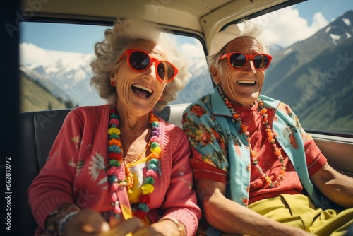 A very old happy couple with sunglasses and colourful summer clothes sits in the back of a car on a tour through the mountains.