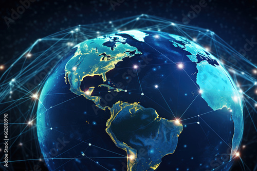 Internet network for fast data exchange over America from space, global telecommunication satellite around the world for IoT, mobile web, financial technology. #662818990