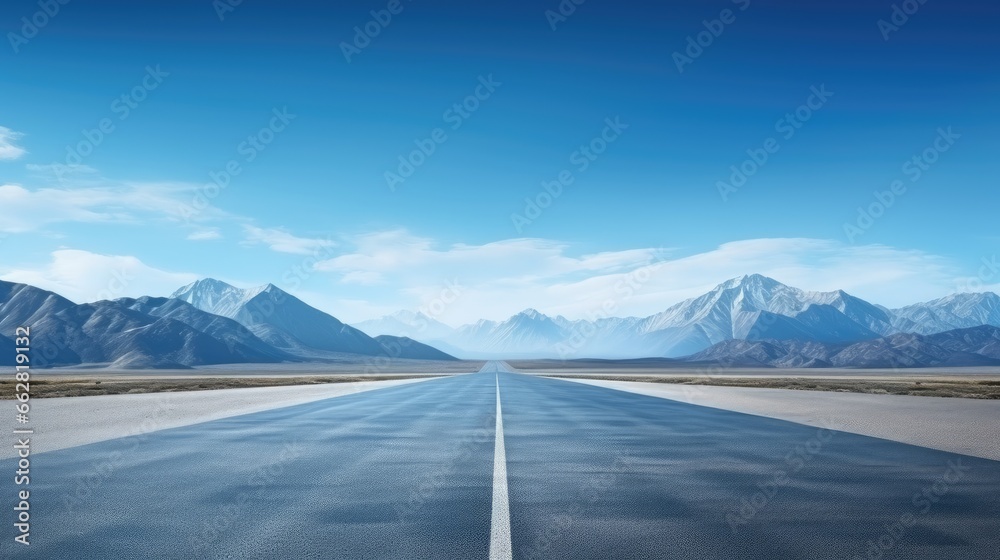 Straight asphalt road and mountain under blue sky. Highway and mountain background.