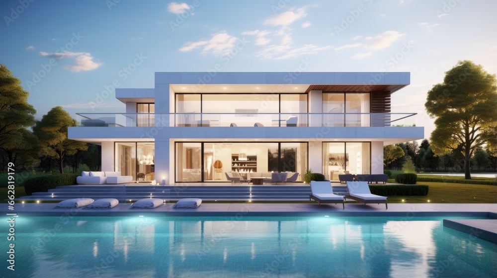 3D rendering of an impressive white modern house with pool