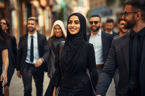 Modern Muslim young businesswomen in Hijab headscarf leading group of business people outdoors on the street.
