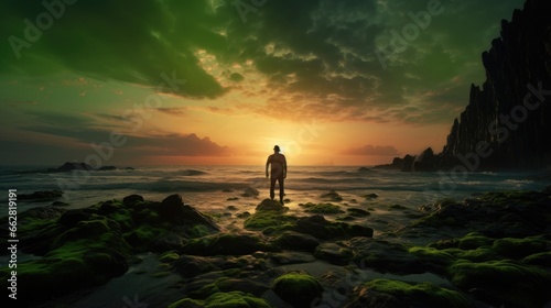 Silhouette of man on the beach looking at magical dramatic sunrise. The man standing on the rocky beach and green moss. Holidays on nature