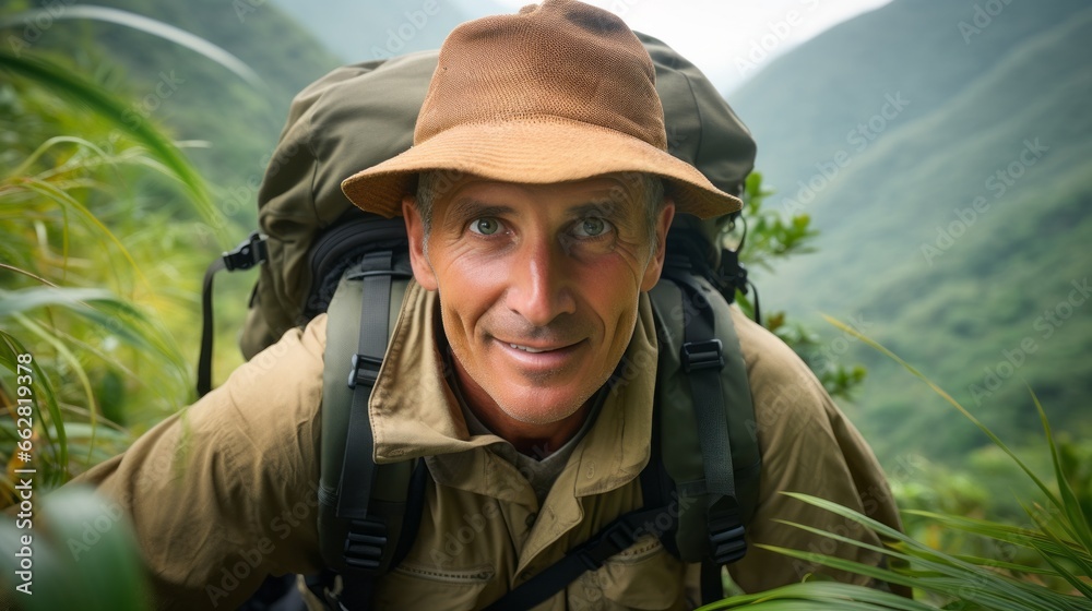 An adventurer with backpack and sun hat hikes happily and excitedly through a jungle