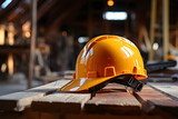 Close up of construction helmet on a wooden table with blur background construction site