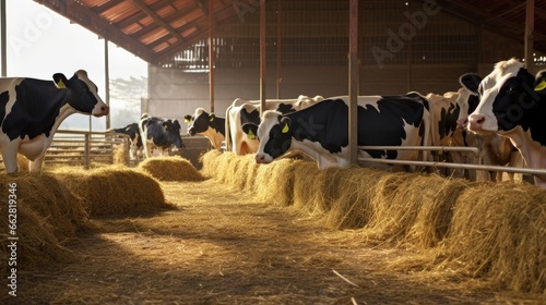 Group of cows at cowshed eating hay or fodder on dairy farm.