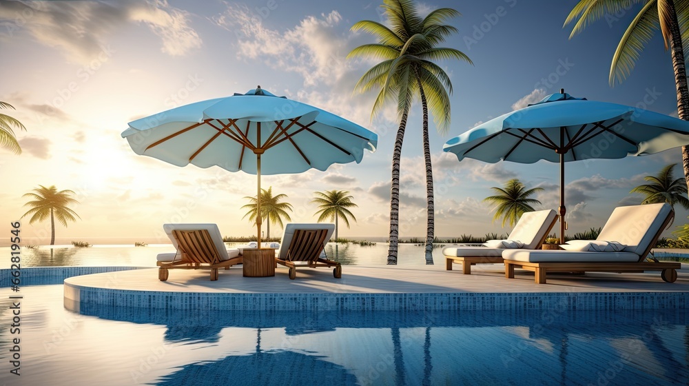 Obraz premium Beautiful luxury umbrella and chair around outdoor swimming pool in hotel and resort with coconut palm tree on blue sky - vacation and holiday concept