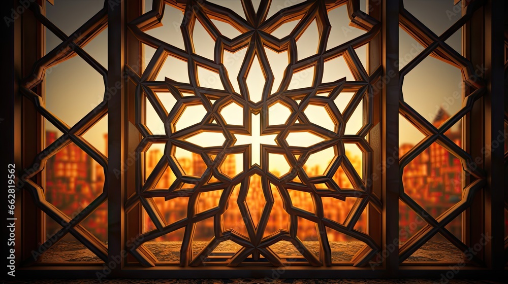 The window of a Muslim mosque behind bars in the form of a geometric hexagonal Islamic ornament. Abstract mosaic background. The window of a Muslim mosque behind bars in the form of a geometric hexagonal Islamic ornament. Abstract mosaic background.