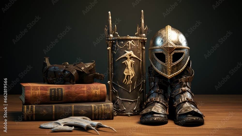3D illustration of armor of God with helmet of salvation, breastplate of righteousness, belt of truth, shoes of readiness, sword of the spirit and shield of faith from Ephesians 6:13-14 bible verse. - obrazy, fototapety, plakaty 