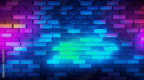 Abstract background of neon lights on a brick wall
