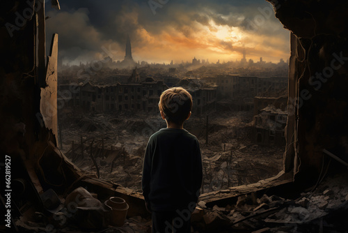 Back view of child looking at destroyed city from inside his home.