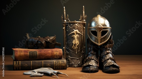 Fotografering 3D illustration of armor of God with helmet of salvation, breastplate of righteousness, belt of truth, shoes of readiness, sword of the spirit and shield of faith from Ephesians 6:13-14 bible verse