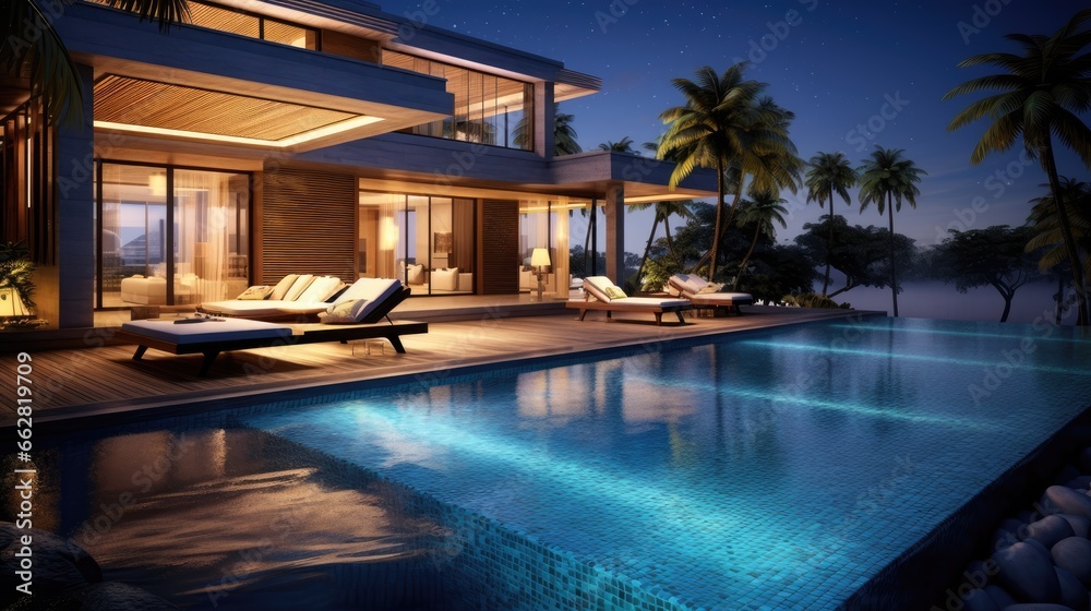 luxury Swimming pool in luxury pool villa - obrazy, fototapety, plakaty 