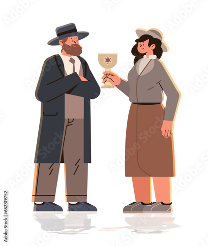 jewish man woman couple in traditional clothes standing together israel people holding glass s with david star happy hanukkah judaism religious holidays