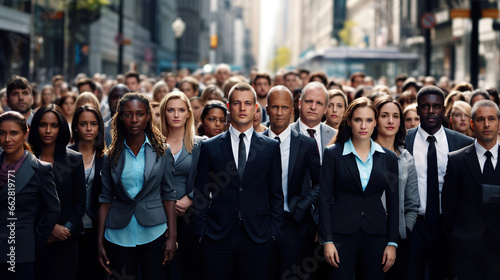 Large group of various races of business people gathered together on the street.