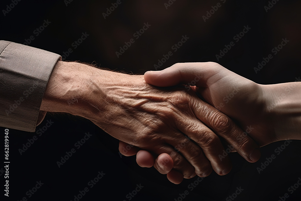 Close-up of young person's hand holding elderly person's hand as sign of caring for seniors against black background. - obrazy, fototapety, plakaty 