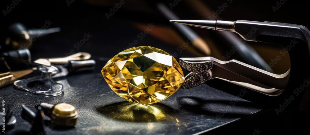 Crafting jewelry using professional tools in a jeweler s studio a beautiful macro shot of a handmade jeweler manufacturing a yellow diamond stone With copyspace for text - obrazy, fototapety, plakaty 