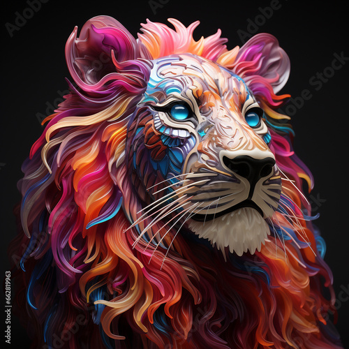 A 3D model of a lion s head built and decorated using LED neon that can produce a variety of beautiful and attractive colors. 