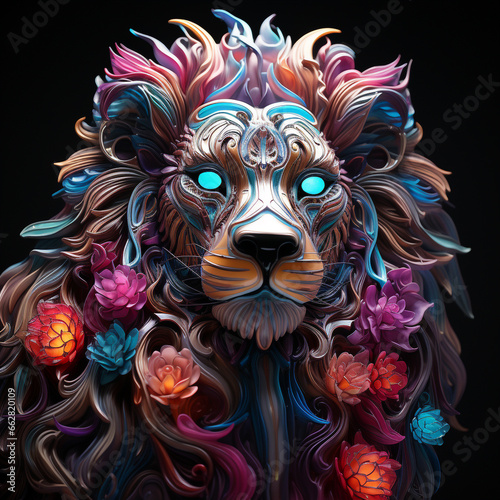 A 3D model of a lion's head built and decorated using LED neon that can produce a variety of beautiful and attractive colors. 