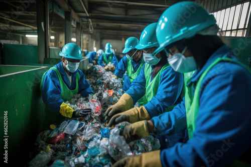 Group of multiethnic sorters in protective gloves and safety vests taking plastic containers from sacks while sorting trash together in waste disposal station. Garbage sorting and recycling concept