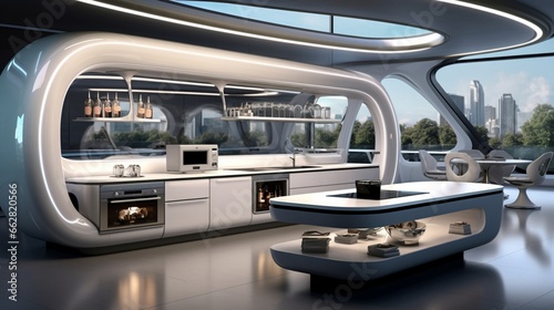 A futuristic kitchen with sleek surfaces and integrated smart technology