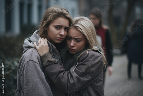 Young teenage girl hugging her upset friend and holding her shoulders in schoolyard.