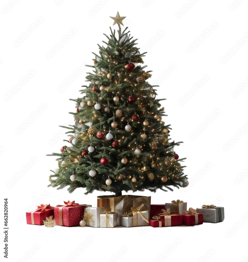 Decorated Christmas Tree with Ornaments and Lights - Clipart PNG