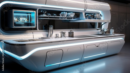A futuristic kitchen with sleek surfaces and integrated smart technology © Choudhry