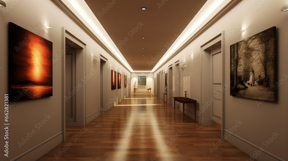 A gallery-style hallway with recessed lighting A gallery-style hallway with recessed lighting