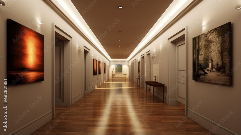 A gallery-style hallway with recessed lighting