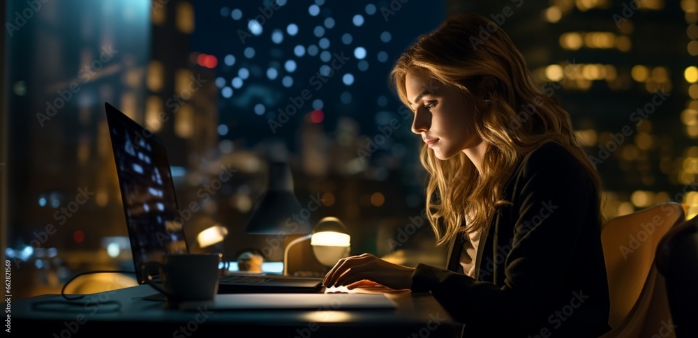 Naklejka premium Burning the midnight oil in an office, a businesswoman hunched over her desk, typing away on her laptop during the night shift, putting in overtime hours