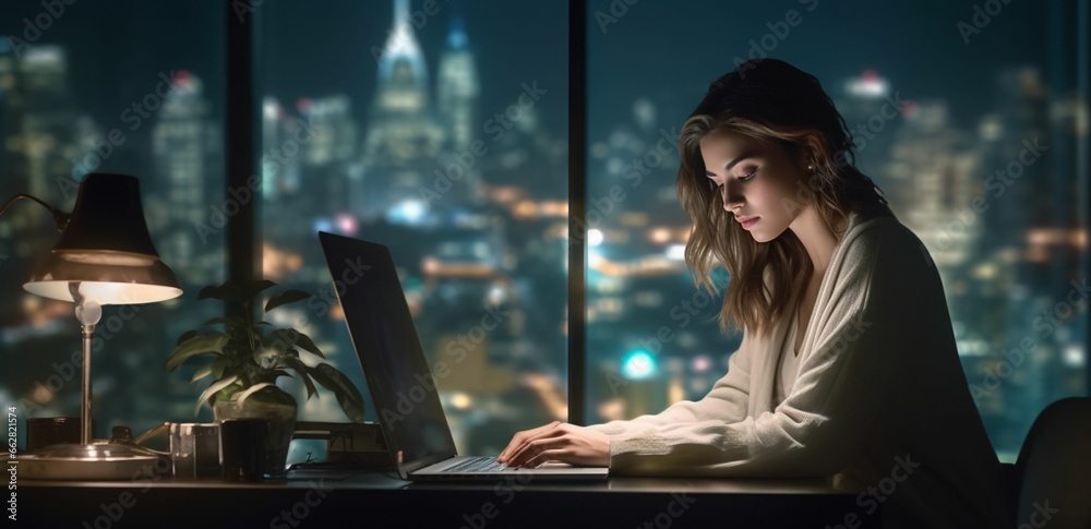 Late-night grind in the office, a businesswoman deeply engaged with her laptop at her desk, going the extra mile and putting in those after-hours to meet deadlines - obrazy, fototapety, plakaty 