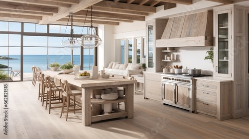 A beach house kitchen with driftwood finishes and coastal decor