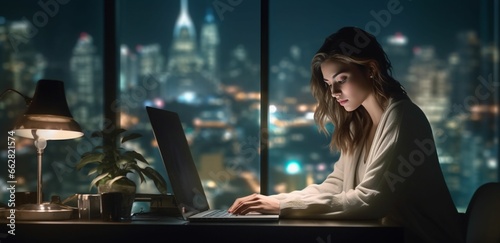 Late-night grind in the office, a businesswoman deeply engaged with her laptop at her desk, going the extra mile and putting in those after-hours to meet deadlines photo