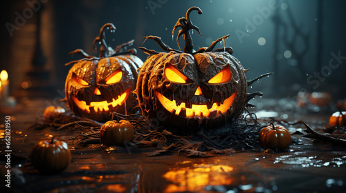 Halloween Pumpkins With Scary Faces Carved Into Them They are Lit With Light Within Them Dark with Foggy Background Selective Focus